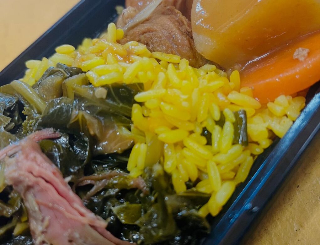 Sister Soul Food - close-up view of a plate of rice and greens with mixed vegetables